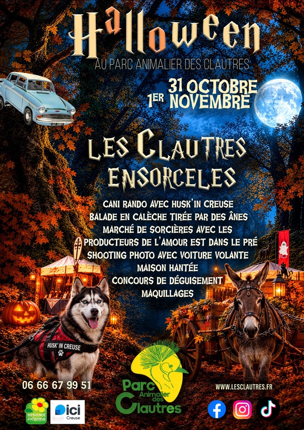 Programme Halloween aux Clautres : cani-rando, balade en calèche, marché de sorcières, maison hantée, concours de déguisement, maquillages